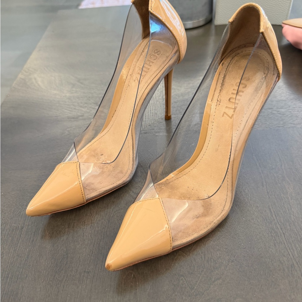 SCHUTZ Women's Cendi Nude Heels with Vinyl Panels - 6.5